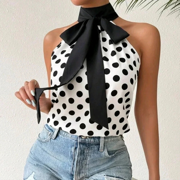 . Tops - Women's Summer Polka Dot Print Sleeveless Blouse With Neck Tie